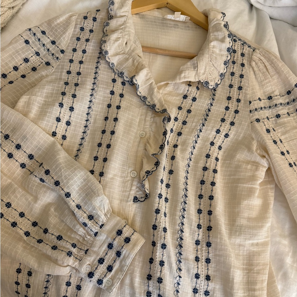 Gorgeous Sezane white and blue embroidered cotton, long sleeve eyelet shirt